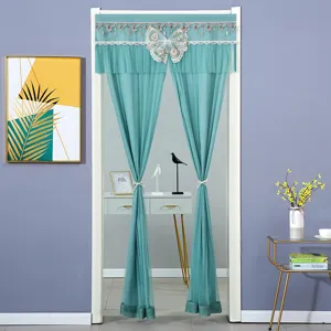 Green sheer door curtain with lace trim and butterfly decor for home bedroom living room