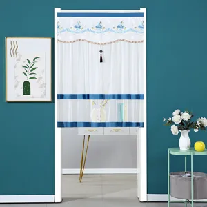 Blue and white double layer lace door curtain with floral embroidery and tassel for home decor.