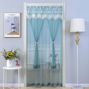 Rideau de porte moustiquaire en tulle avec dentelle blanche, installation facile.