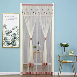 Lace mesh door curtain with pink embroidery pineapple and velvet trim for bedroom privacy shading.