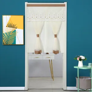Modern sheer door curtain with lace embroidery and brown trim for home bedroom partition.