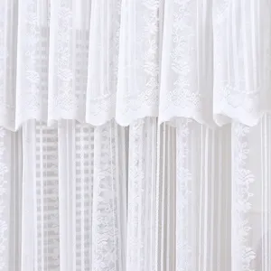 White lace half curtain detail close-up showing delicate floral stripe pattern for bedroom decor.