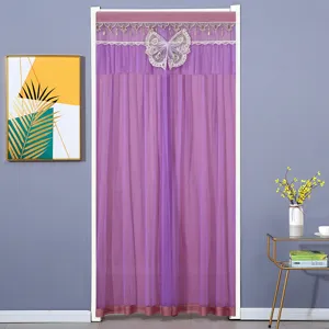 Purple mesh door curtain with elegant lace trim and butterfly decor for bedroom privacy screen
