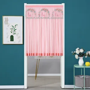 Pink double layer lace door curtain detail view, elegant deer embroidery design for room privacy.