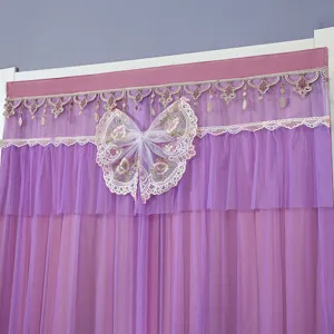 Purple lace door curtain with butterfly embroidery, sheer mesh privacy hanging curtain for room.
