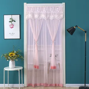 Rideau de porte moustiquaire en dentelle rose, cloison suspendue en maille pour chambre à coucher