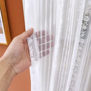 White lace sheer half curtain detail view, elegant bedroom window door decoration texture.