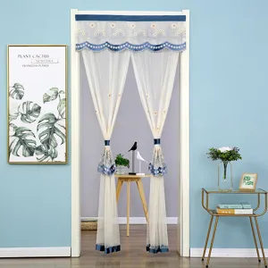 Blue and white lace sheer door curtain with daisy embroidery for bedroom home decor.