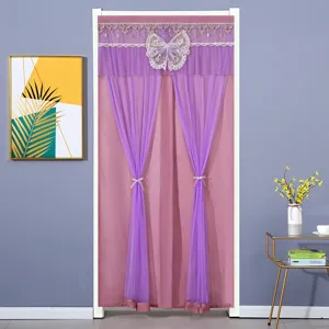 Purple lace door curtain with pink backing and butterfly decor, punch-free mesh room divider.