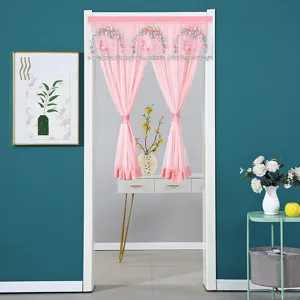 Pink lace door curtain double layer embroidered doorway curtain home decor privacy panel