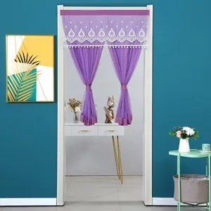 Purple lace gauze door curtain detail scene showing delicate embroidery and cute tassels.