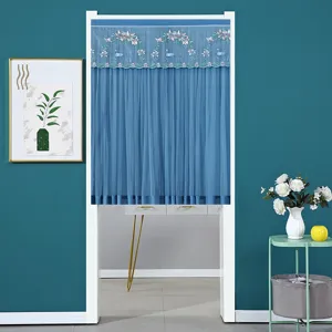 Blue double layer lace door curtain with floral deer embroidery, privacy mesh hanging screen.