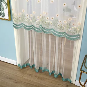 Daisy embroidered mesh door curtain with green velvet scalloped edge, fresh home decor.