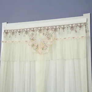 Detailed view of sheer lace door curtain with butterfly embroidery and elegant fringe.