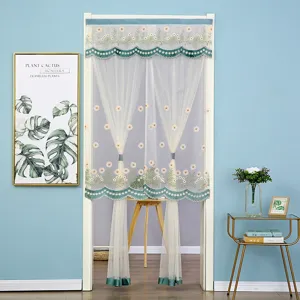Detail view of sheer lace mesh door curtain featuring elegant green daisy embroidery.