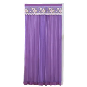 Purple lace gauze door curtain with floral embroidery valance, hanging view for home bedroom use.