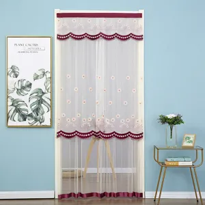 Lace door curtain mesh anti mosquito screen with elegant floral embroidery for home bedroom use.