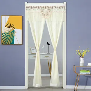 Beige lace sheer door curtain with bow embroidery and tassels for living room bedroom privacy