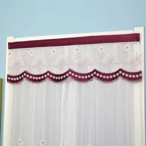 White lace curtain valance with floral embroidery burgundy edge for bedroom window home decor