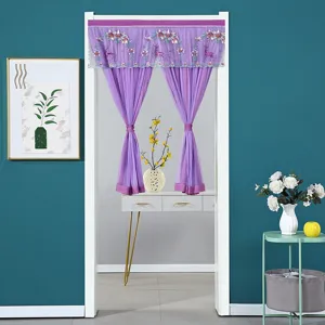 Detail view of the elegant double layer purple lace door curtain with delicate embroidery design.