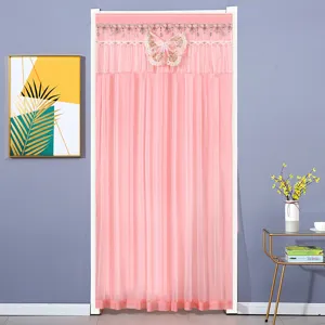 Pink mesh door curtain with delicate lace and butterfly embroidery for home decoration.