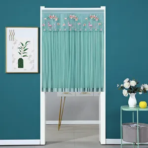 Green lace door curtain with cute deer embroidery, perfect for home privacy and decoration.
