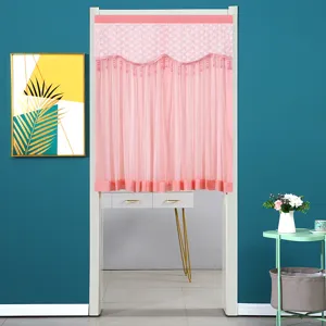 Pink door curtain detail, sheer gauze partition for bedroom or kitchen, elegant decor.