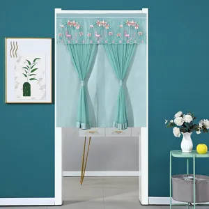 Teal double layer lace door curtain with floral deer embroidery, elegant home room decoration.