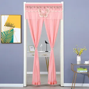 Pink lace door curtain with butterfly embroidery and tassel for bedroom living room decor