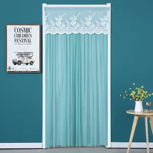 Detailed scene view of teal door curtain with white lace valance, elegant home decor design.