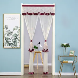 Lace mesh door curtain with embroidery trim, elegant floral design for bedroom home decor.