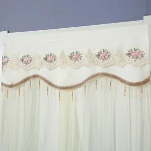 Elegant double-layer door curtain detail with floral lace embroidery and hanging bead fringe.