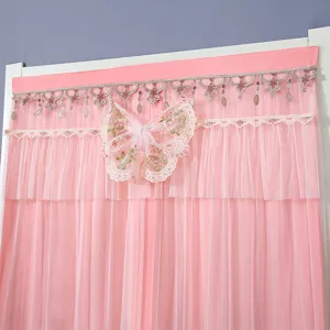 Pink lace mesh door curtain with embroidered butterfly detail, elegant half curtain for bedroom.