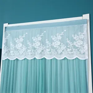 Detail view of teal door curtain featuring elegant white lace floral valance for bedroom.
