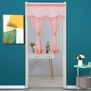 Pink lace door curtain sheer partition curtain for bedroom kitchen home decor.