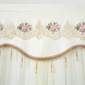 Elegant double layer door curtain with delicate floral embroidery and beaded fringe.