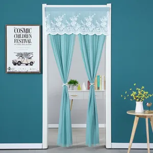 Blue door curtain with white lace valance, elegant home decor for bedroom privacy and partition.
