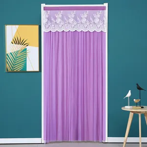 Purple door curtain with white lace top trim, elegant mesh partition curtain for bedroom home decor