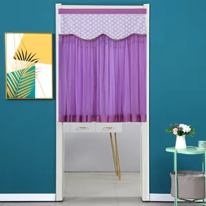 Purple sheer door curtain with lace trim and hanging tassels for bedroom and kitchen decor.