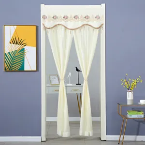 Double layer door curtain with lace floral embroidery, sheer and blackout partition for bedroom.