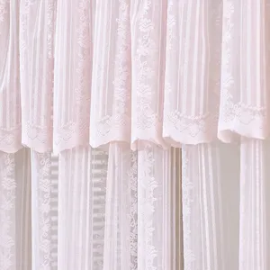 Pink lace curtain detail, soft floral pattern, sheer privacy half curtain for bedroom decor