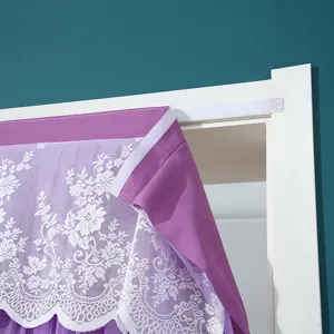 Purple door curtain detail view, featuring lace overlay and hook and loop fastener for easy installation.