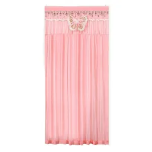 Pink door curtain with lace butterfly and beaded valance for bedroom privacy and living room decor.