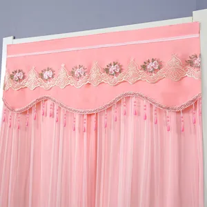 Pink double layer door curtain detail with lace embroidery and beaded fringe trim for bedroom.