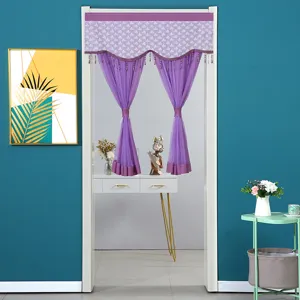 Purple sheer door curtain with lace and beaded tassels for home decor and room partition.