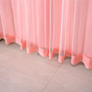 Pink double layer sheer mesh door curtain detail view, elegant bedroom window hanging drape.