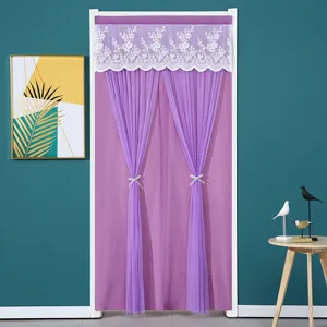 Elegant purple lace door curtain with white floral valance for bedroom privacy hanging drape.