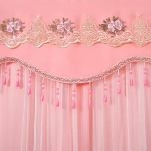 Pink double layer door curtain with delicate lace floral embroidery and beaded fringe detail.