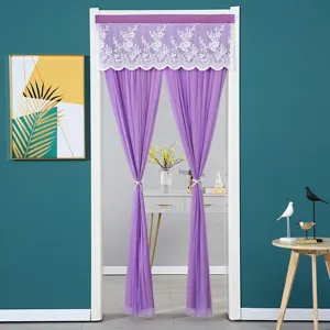 Purple lace door curtain for bedroom privacy, partition drape with rod pocket design.