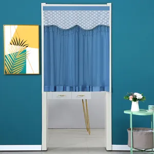 Blue lace door curtain detail, sheer fabric room divider, elegant home decor for bedroom.
